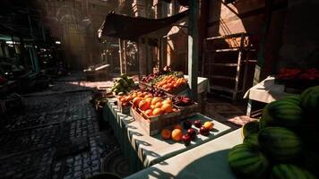 CGI Vibrant market stall filled with fresh fruits in a lively open market video