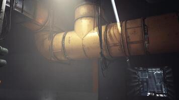 CGI Industrial pipe system illuminated by lights in a dark environment video