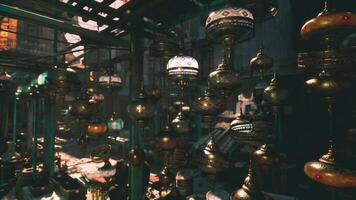 CGI Unique decorative lanterns displayed in a vibrant marketplace at sunset video