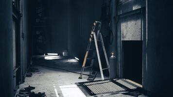 CGI Urban maintenance area with ladder and tools in low light setting video