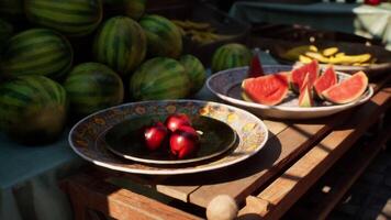 CGI Fresh fruits arranged on wooden table at market during daytime video