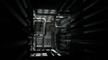 CGI Complex network of pipes inside an industrial facility during daylight hours video