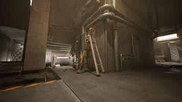 CGI Exploring an industrial environment with pipes and a ladder in a dimly lit area video