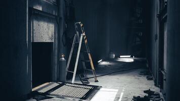 CGI Abandoned industrial hallway with a ladder and scattered tools in dim light video