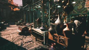 CGI Market stalls filled with colorful pottery and metalwork in a bustling bazaar video