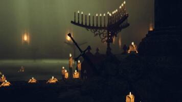 CGI Candlelit ambiance in a mystical setting with a sword and menorah video