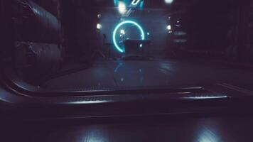 CGI Futuristic corridor with glowing circle in a dark environment at nighttime video