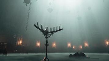 CGI Mysterious candlelit atmosphere in an ancient stone chamber with fog video