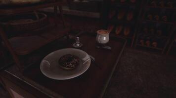 CGI Enjoying a chocolate donut and coffee at a cozy cafe table video