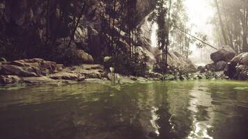 CGI Serene landscape with lush greenery and calm water reflecting sunlight video