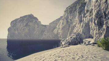CGI Serene coastal landscape with cliffs and sandy beach at dusk video