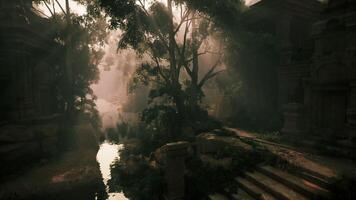 CGI Enchanted wilderness with ancient ruins at dusk near a reflective waterway video