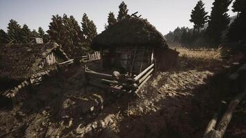 CGI Rustic village setting with thatched roofs surrounded by trees and nature video