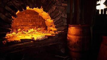 CGI Crafting tools at an old forge with glowing flames and rustic surroundings video