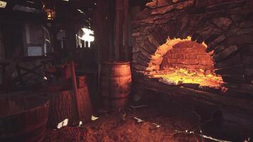 CGI Crafting tools in an old forge with glowing embers and rustic surroundings video