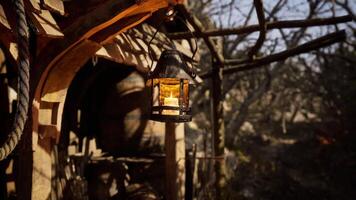 CGI Lantern illuminates rustic cabin in a serene wooded landscape video