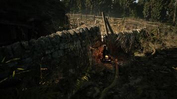 CGI Old stone wall with lantern and overgrown vegetation in a forest area video