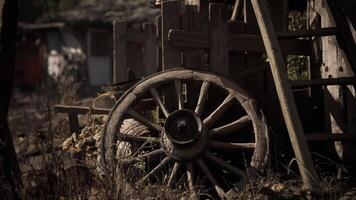 CGI Rustic wooden wheel resting in a quiet countryside setting during golden hour video