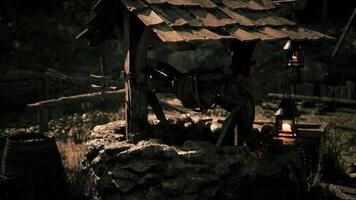 CGI Wooden well surrounded by lanterns in a rustic outdoor setting at night video