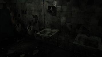 CGI Abandoned restroom with deteriorating fixtures in a dark setting video