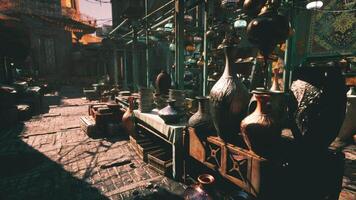 CGI Colorful pottery displayed in a vibrant marketplace in the daylight video