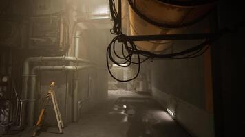 CGI Mysterious industrial setting with pipes and dim lighting in a hallway video