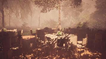 CGI Elegant outdoor setting with tables in lush greenery for an event video