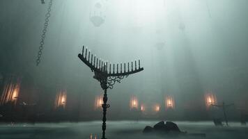 CGI Spooky candle holder illuminated by soft light inside an eerie hall video