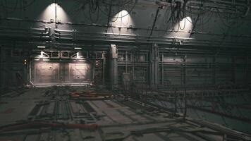 CGI Dimly lit space features intricate wiring along the walls and a bright doorway video
