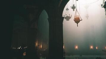 CGI Mystical atmosphere in an ancient cathedral illuminated by hanging lights video