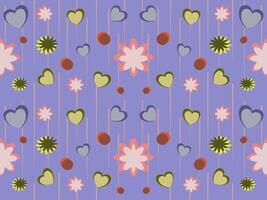 a pattern with hearts and flowers on a purple background vector