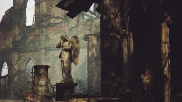 CGI Ruined architecture with a stone angel statue surrounded by nature video