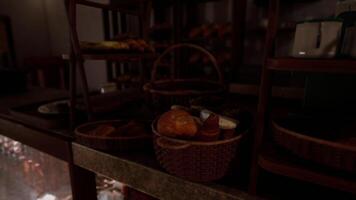 CGI Baskets of fresh baked goods displayed in a cozy bakery setting video