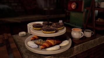 CGI Delicious pastries and coffee displayed on a tiered stand in a cozy cafe video