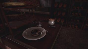 CGI Evening treat with dessert and drink on a rustic wooden table video