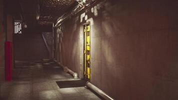 CGI Dimly lit corridor featuring a yellow door with shadows on the wall video