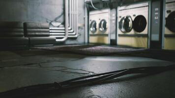 CGI Laundry room with vintage machines in dimly lit basement setting video