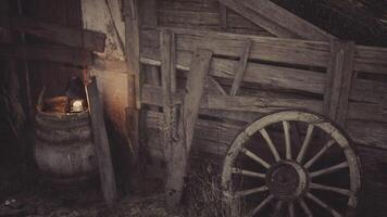 CGI Old wooden structures and vintage elements in a rustic setting at dusk video