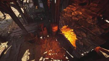 CGI Old forge with glowing coals and rustic tools illuminated by daylight video