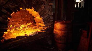 CGI Old forge with glowing embers and wooden barrel in rustic setting video