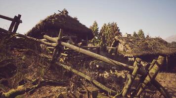 CGI Rustic village with thatched roofs and wooden fencing in natural setting video