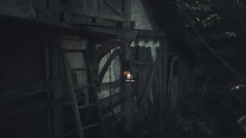 CGI Lantern hanging outside rustic building during evening twilight video
