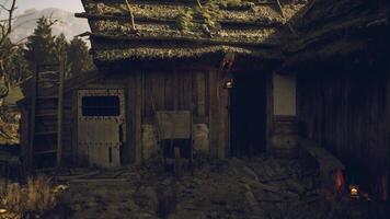 CGI Old rustic cabin with a thatched roof surrounded by nature video