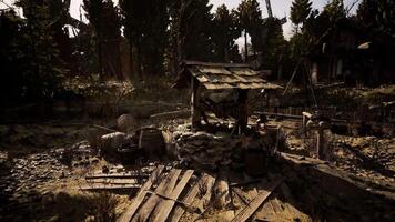 CGI Rustic well surrounded by rustic structures in a forgotten landscape video