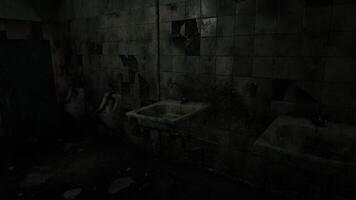 CGI Dark and abandoned restroom with peeling tiles and broken fixtures video