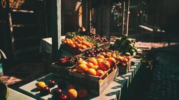 CGI Vibrant market with fresh fruits in sunlight during a busy day video