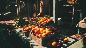 CGI Colorful display of fresh fruits at a local market in the afternoon video