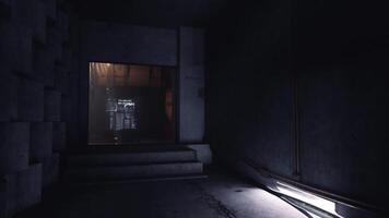 CGI Dark corridor with glowing light and door leading to unknown room video