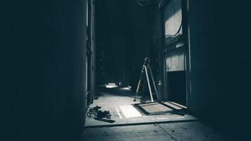 CGI Dimly lit hallway with tools and scattered debris in an industrial setting video