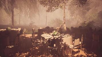 CGI Outdoor dining setup among trees for special event in serene location video